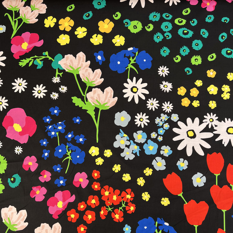 Italian Cotton Lawn Bold Florals Black Mulitcoloured Print Dress Fabric