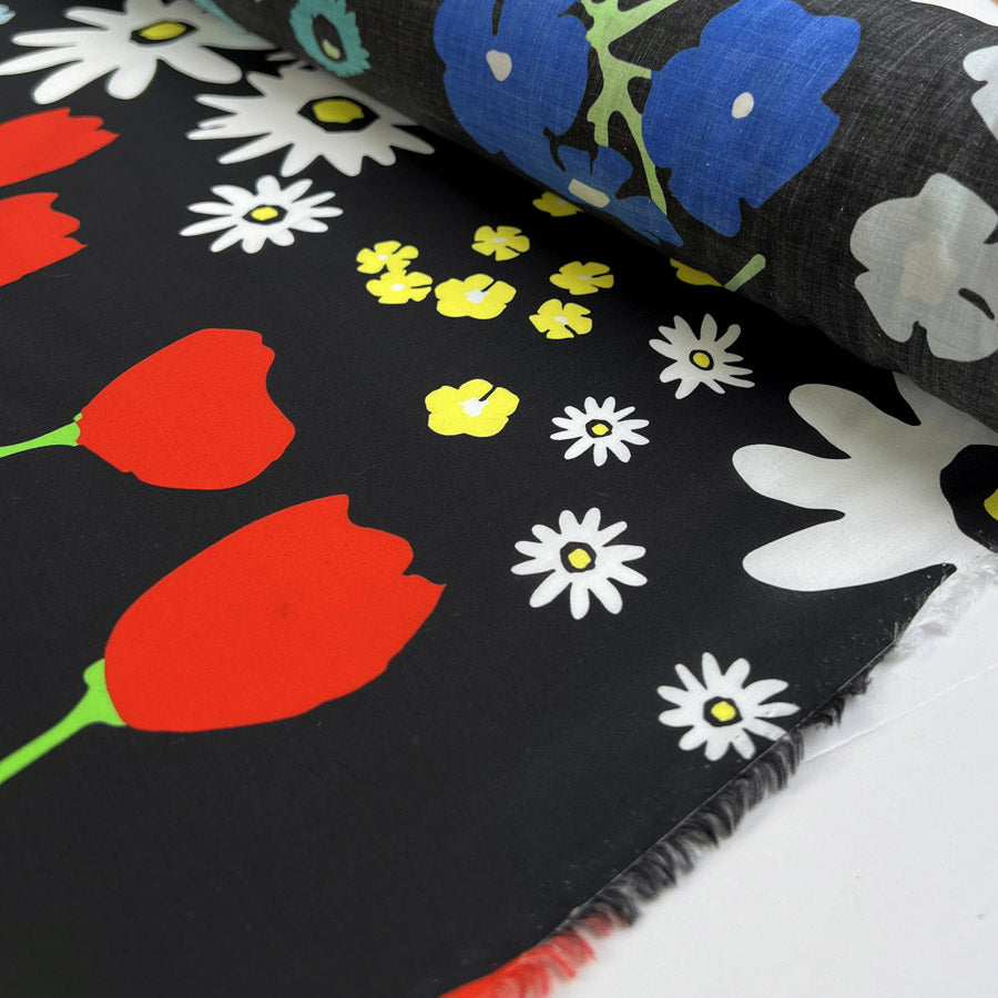 Italian Cotton Lawn Bold Florals Black Mulitcoloured Print Dress Fabric Roll