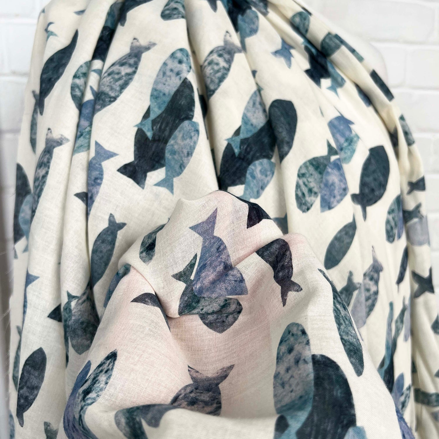 Ex-Designer Fish Print Cotton Dress Fabric Italian Voile Pisces Ivory CU
