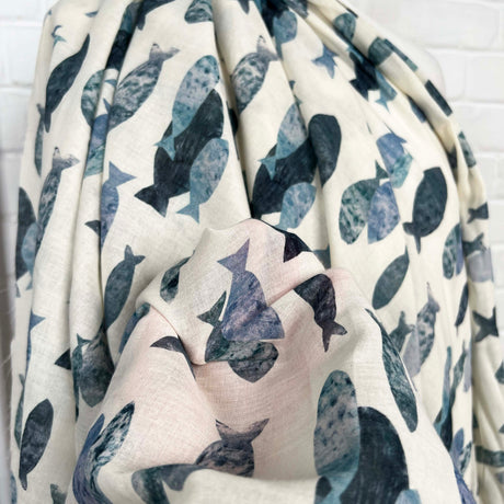 Ex-Designer Fish Print Cotton Dress Fabric Italian Voile Pisces Ivory CU