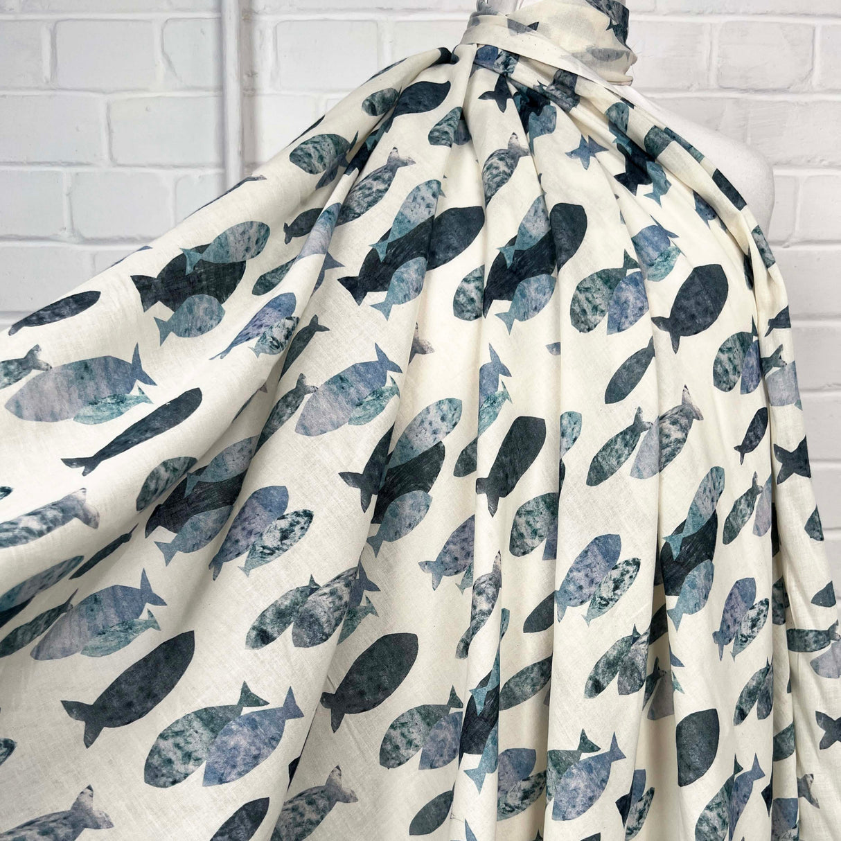 Ex-Designer Fish Print Cotton Dress Fabric Italian Voile Pisces Ivory 