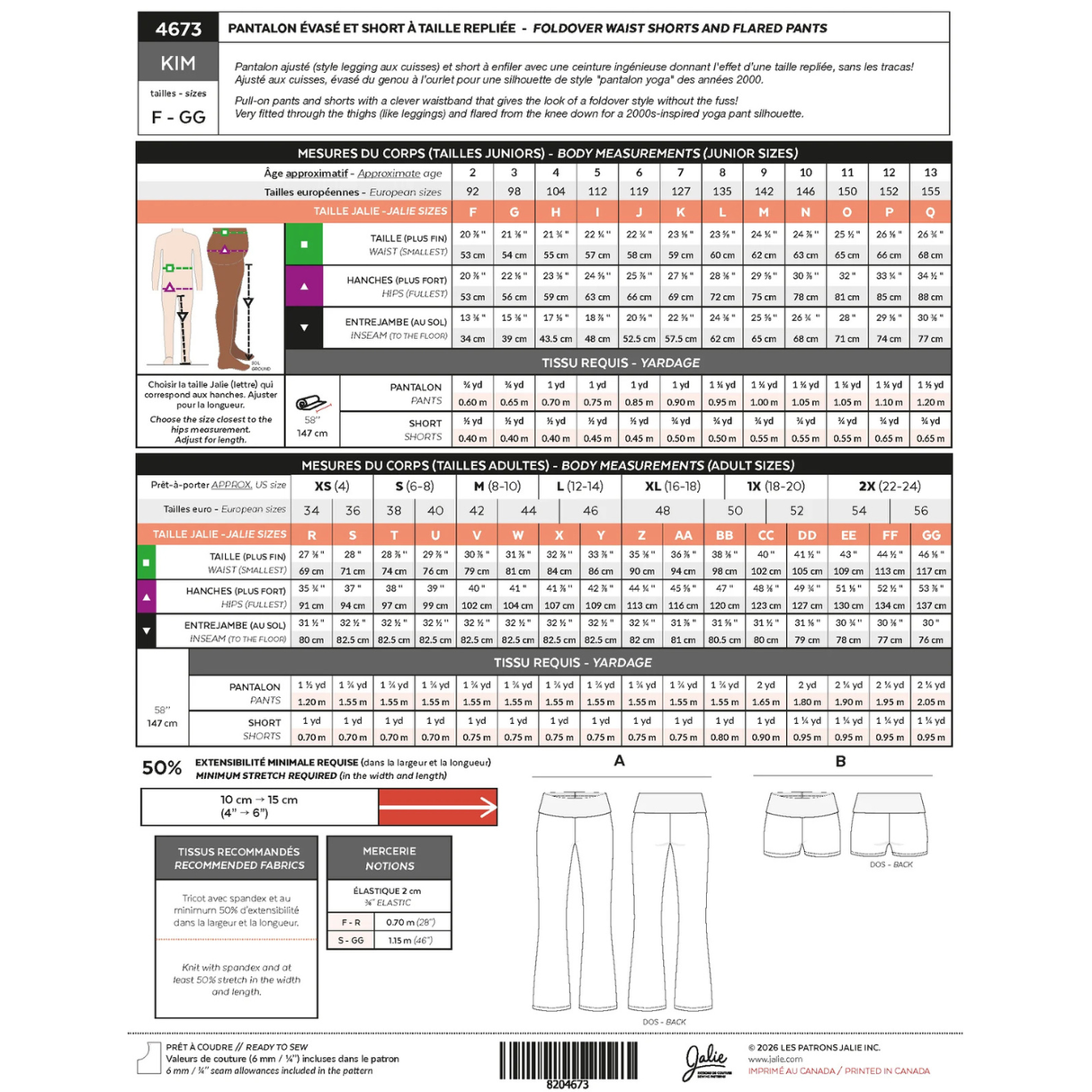 Jalie - Kim foldover waist shorts and flared pants pattern