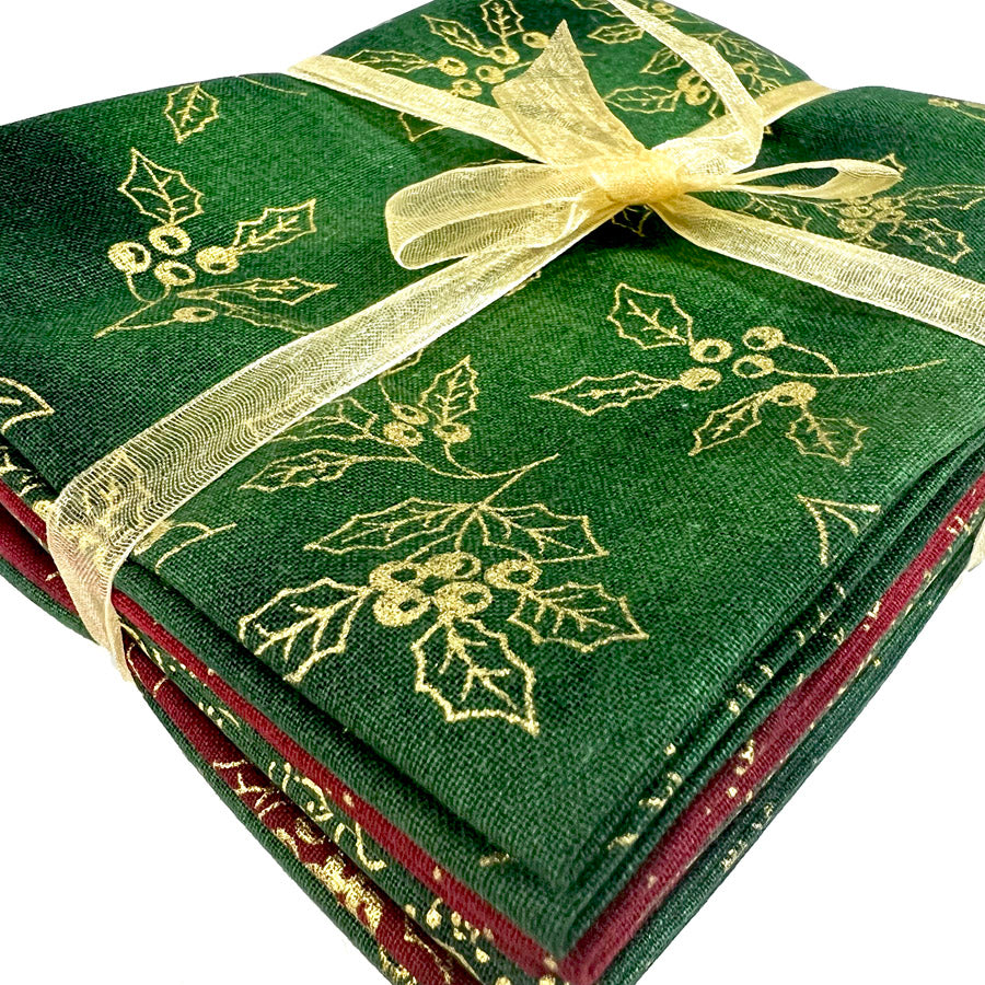 John Louden Christmas Cotton Fabric Fat Quarter Golden Holly Ribbon