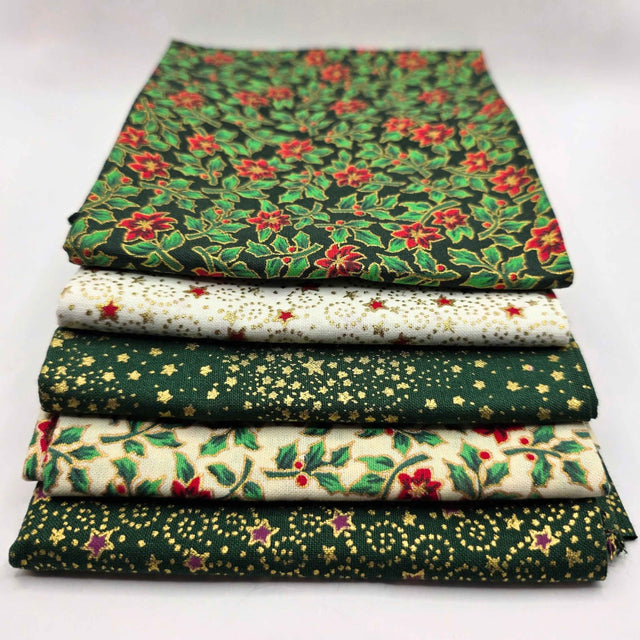 John Louden Cotton Fabric JL Christmas Fat Quarter Green Festive Florals Bundle