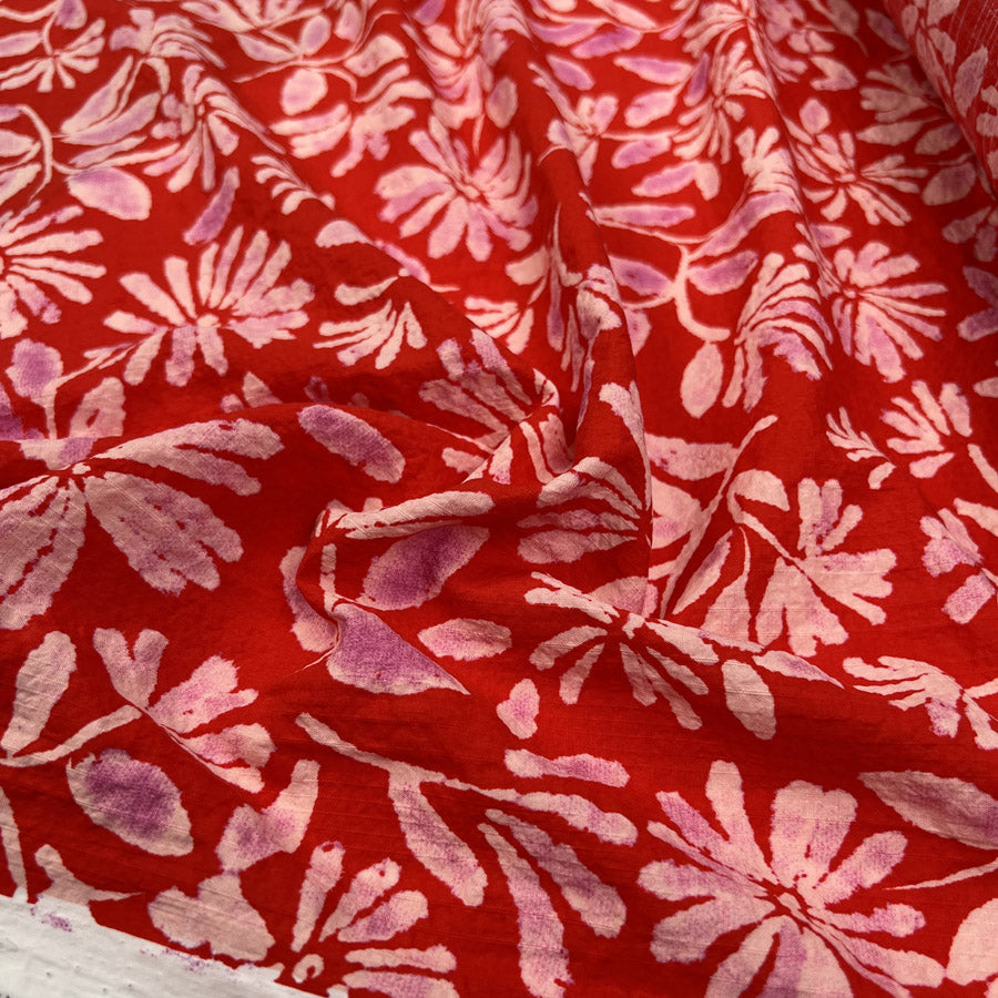 La Texture Floral Red Cotton Seersucker Ex Designer Italian Dress Fabric CU