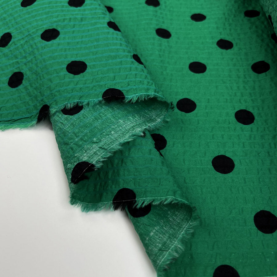 La Texture Spot Green Black Cotton Seersucker Ex Designer Italian Dress Fabric Fold