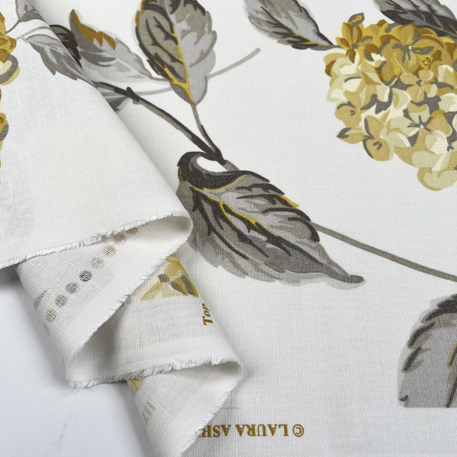 Laura Ashley Hydrangea Camomile Yellow Grey White Linen Cotton Canvas Printed Furnishing Fabric Fold