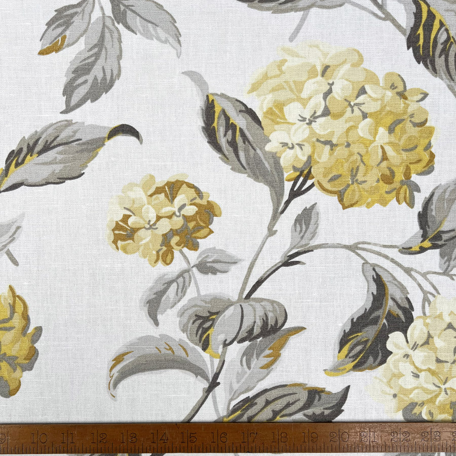 Laura Ashley Hydrangea Camomile Yellow Grey White Linen Cotton Canvas Printed Furnishing Fabric Ruler