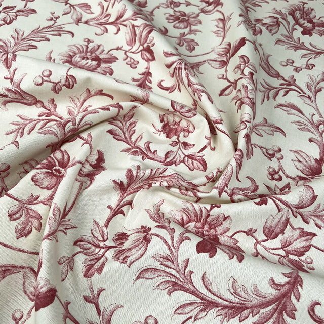 Laura Ashley Iron Work Scroll Cranberry Pink White Linen Cotton Canvas Printed Furnishing Fabric CU