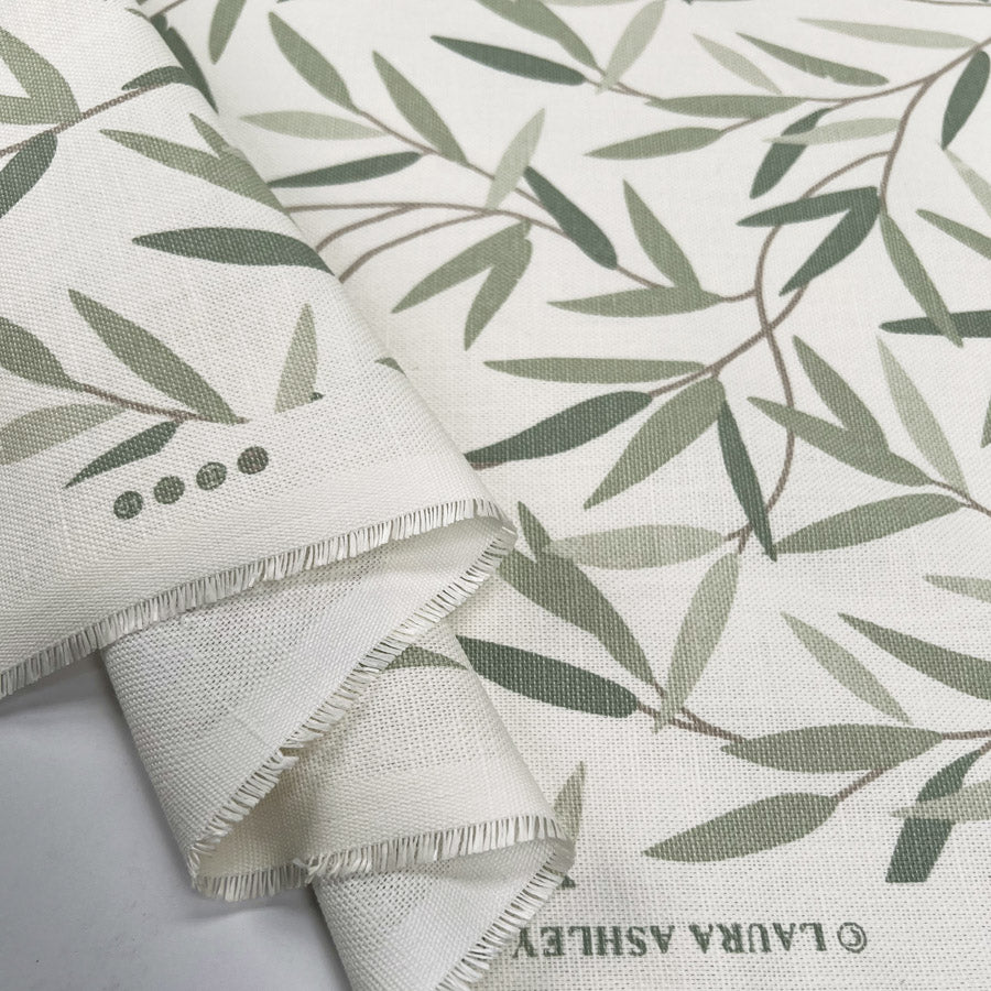 Laura Ashley Willow Leaf Hedgerow Green White Linen Cotton Canvas Printed Furnishing Fabric Fold