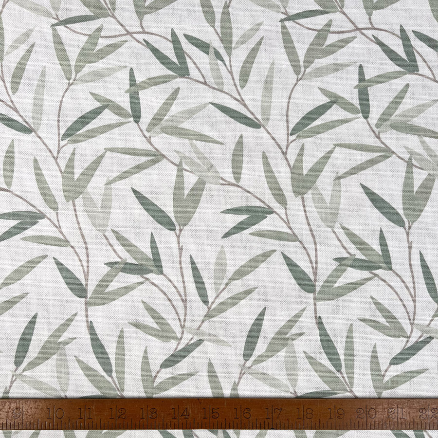 Laura Ashley Willow Leaf Hedgerow Green White Linen Cotton Canvas Printed Furnishing Fabric Ruler