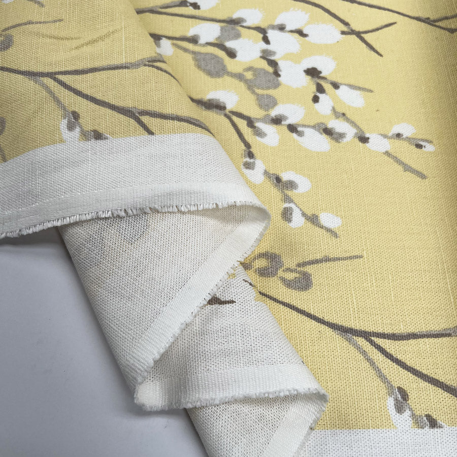 Laura Ashley Willow Neutral Yellow Grey White Linen Cotton Canvas Printed Furnishing Fabric Fold