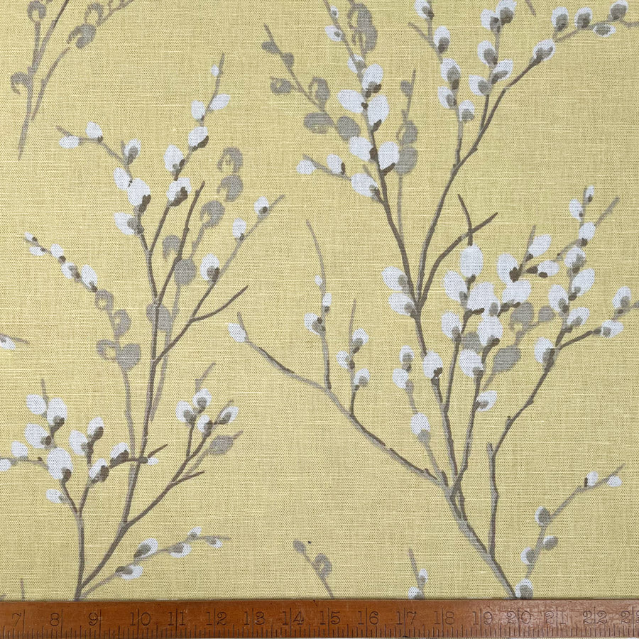 Laura Ashley Willow Neutral Yellow Grey White Linen Cotton Canvas Printed Furnishing Fabric Ruler