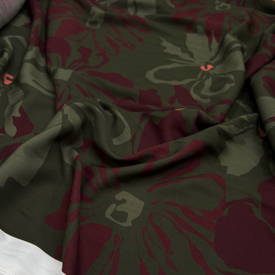 Light Lush Mulberry Meadow Green Burgundy Floral Viscose Twill Oeko Tex Dress Fabric CU