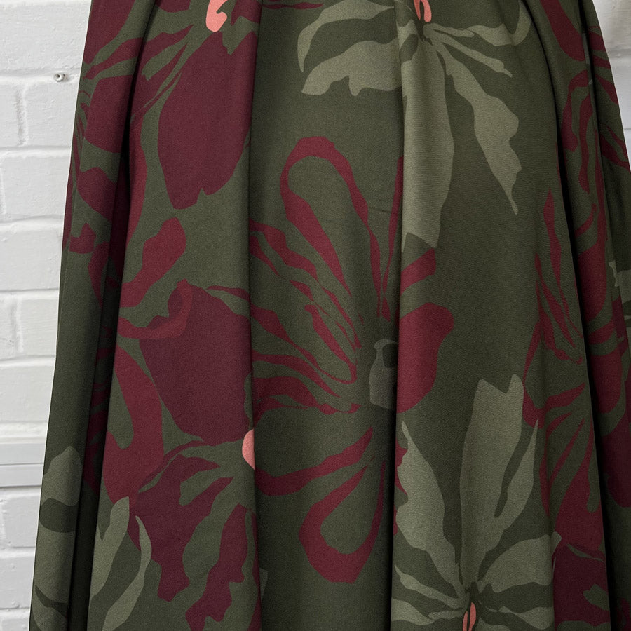 Light Lush Mulberry Meadow Green Burgundy Floral Viscose Twill Oeko Tex Dress Fabric Drape