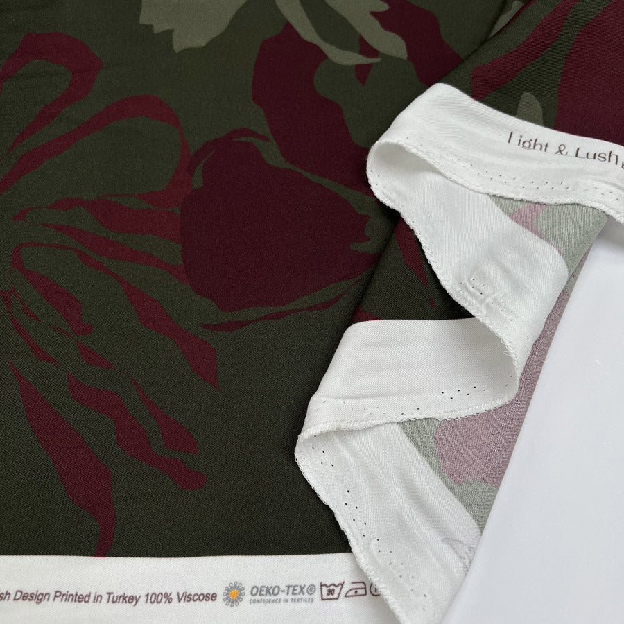 Light Lush Mulberry Meadow Green Burgundy Floral Viscose Twill Oeko Tex Dress Fabric Fold