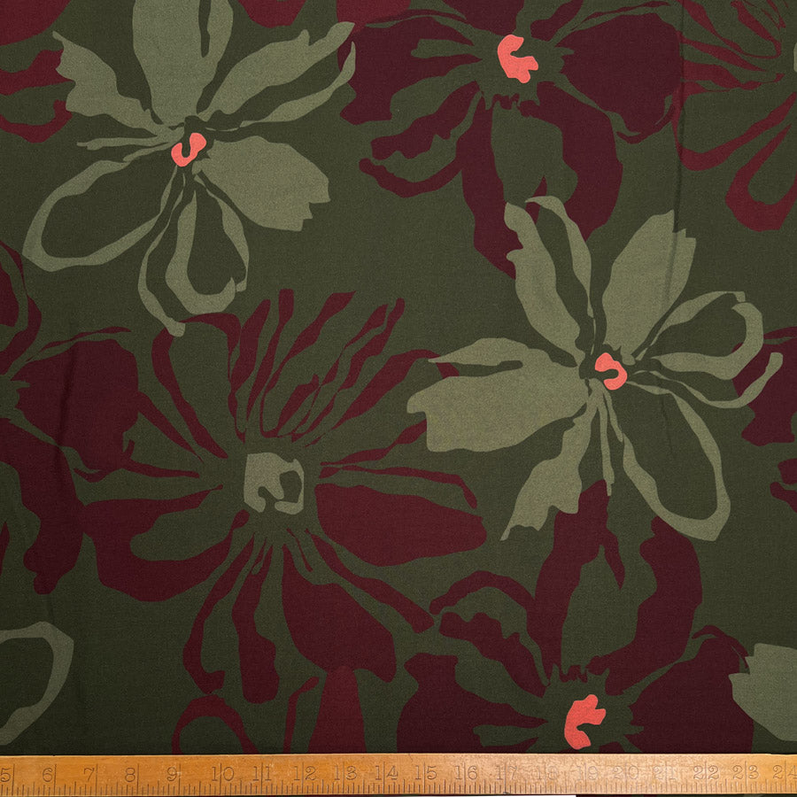 Light Lush Mulberry Meadow Green Burgundy Floral Viscose Twill Oeko Tex Dress Fabric Ruler