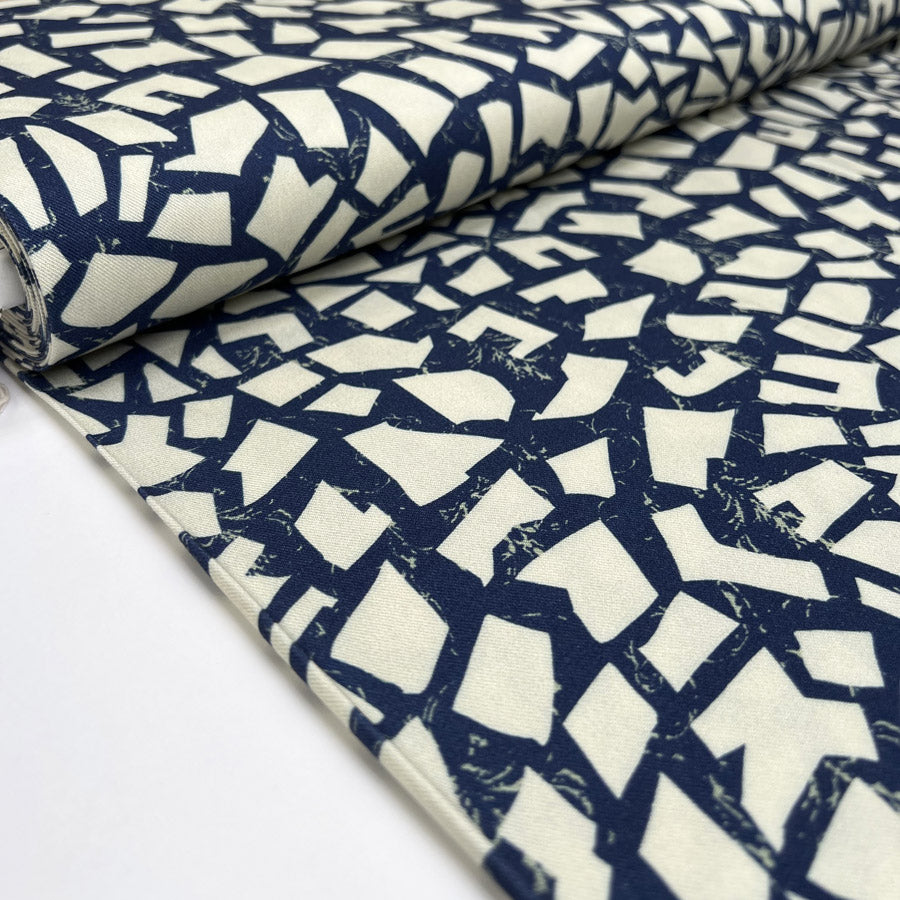 Light Lush Tessellation Navy Blue Cream Abstract Viscose Twill Oeko Tex Dress Fabric Bolt