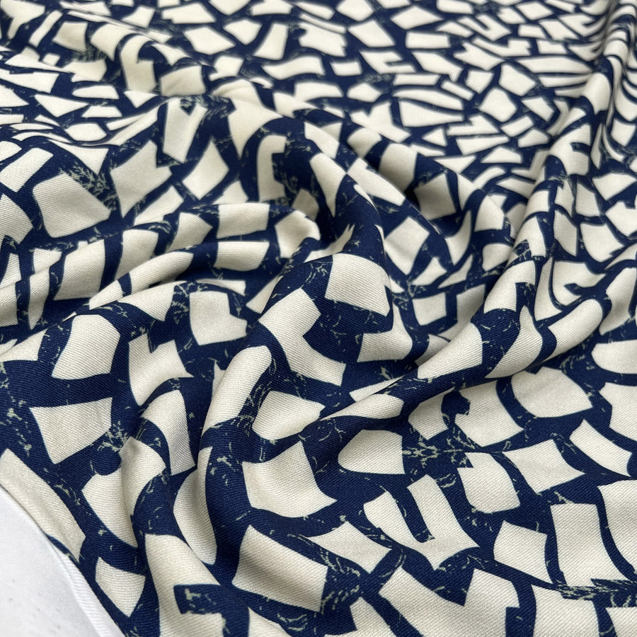 Light Lush Tessellation Navy Blue Cream Abstract Viscose Twill Oeko Tex Dress Fabric CU