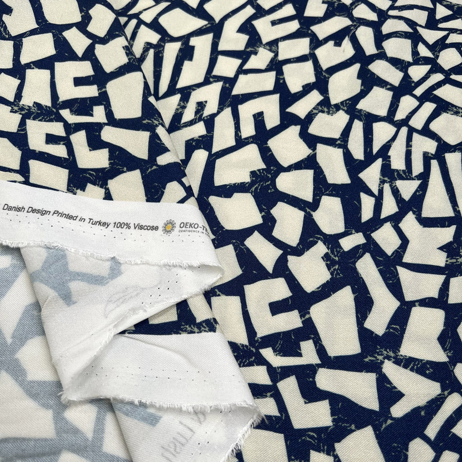 Light Lush Tessellation Navy Blue Cream Abstract Viscose Twill Oeko Tex Dress Fabric Fold