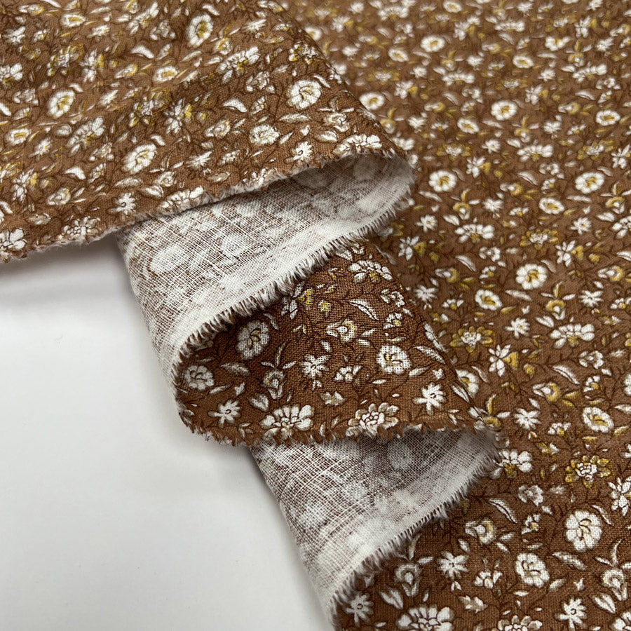 Linen Bouquet Pecan Brown Ex Designer Woven Floral Dress Fabric Fold
