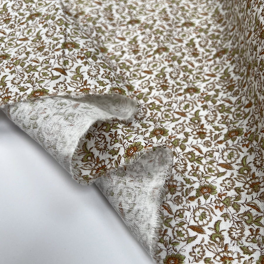 Linen Bouquet Pistachio Green Brown Ex Designer Woven Floral Dress Fabric Fold