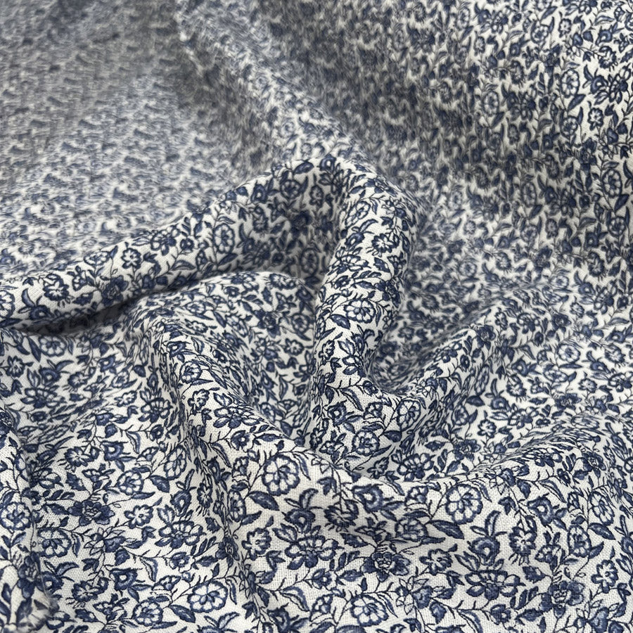 Linen Bouquet Sky White Blue Ex Designer Woven Floral Dress Fabric CU