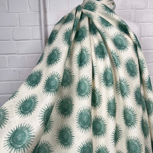 Italian Ex-Designer Green Sunburst Print Shirting Fabric Linen Lido Mannequin