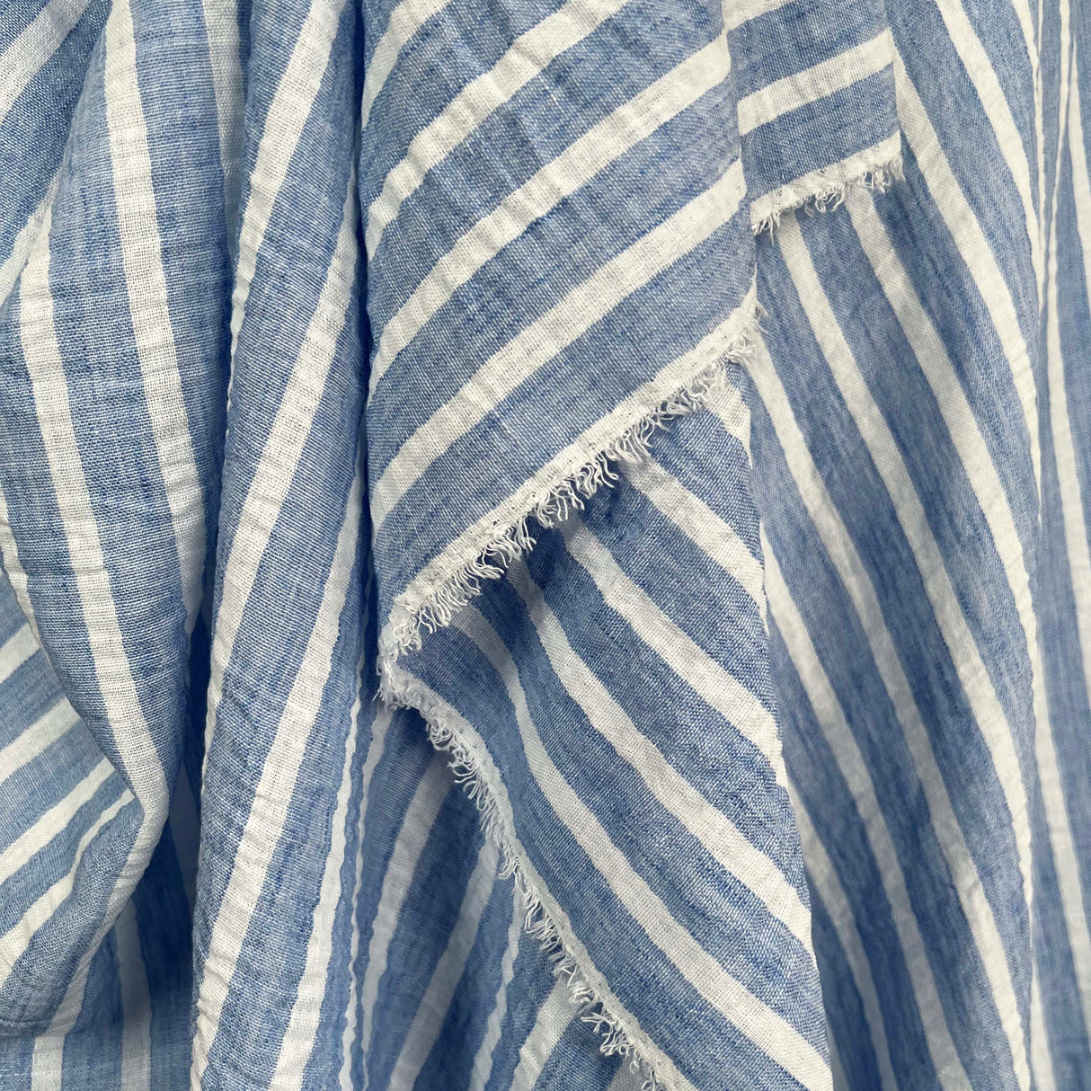 Linen Look Stripe Blue White Polyester Woven Shirting Fabric Fold