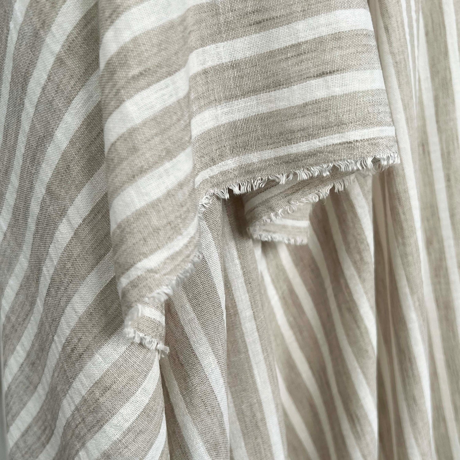 Linen Look Stripe Light Beige  White Polyester Woven Shirting Fabric Hang