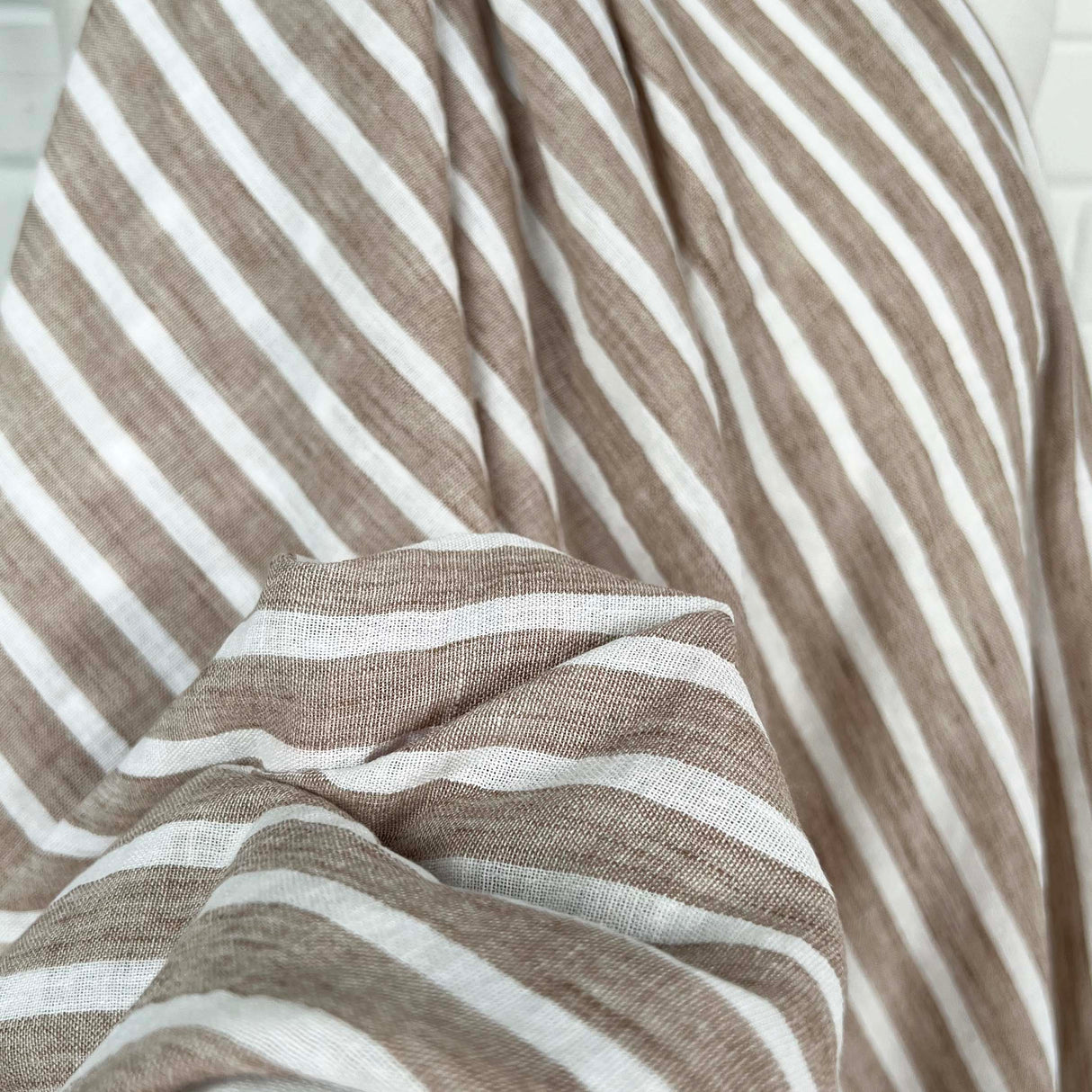 Linen Look Stripe Light Brown White Polyester Woven Shirting Fabric Close Up