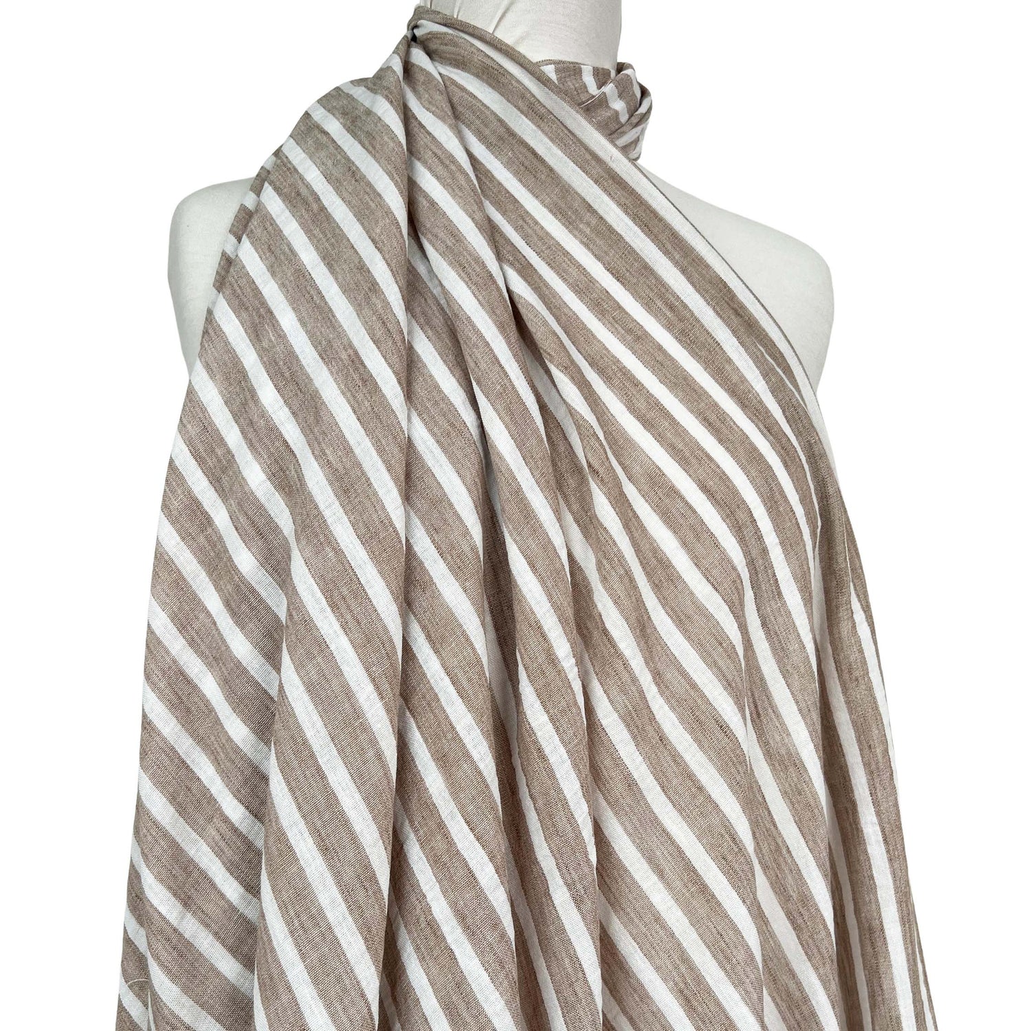 Linen Look Stripe Light Brown White Polyester Woven Shirting Fabric Mannequin