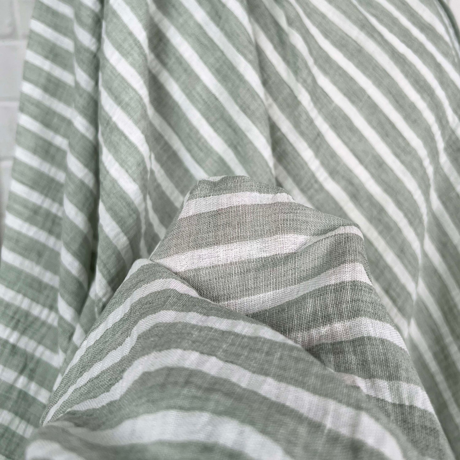 Linen Look Stripe Sage White Polyester Woven Shirting Fabric Close Up