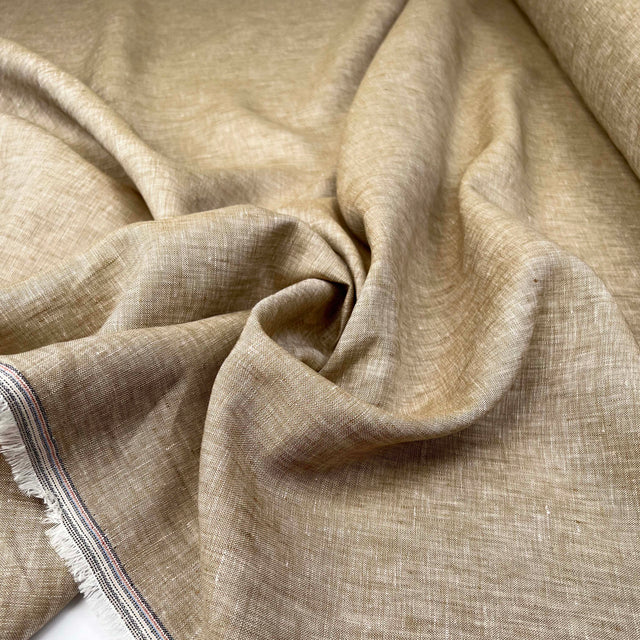 Linen Melange Tan Plain Woven Dress Fabric Close Up