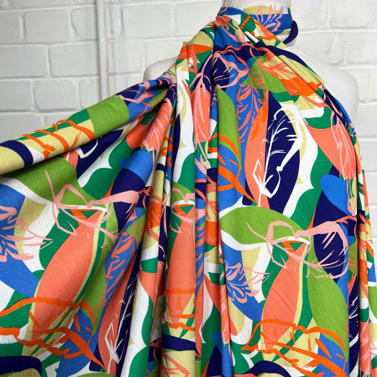 Multi Coloured Leaf Print Rayon Spandex Fabric Linen Tropics Eden Mannequin