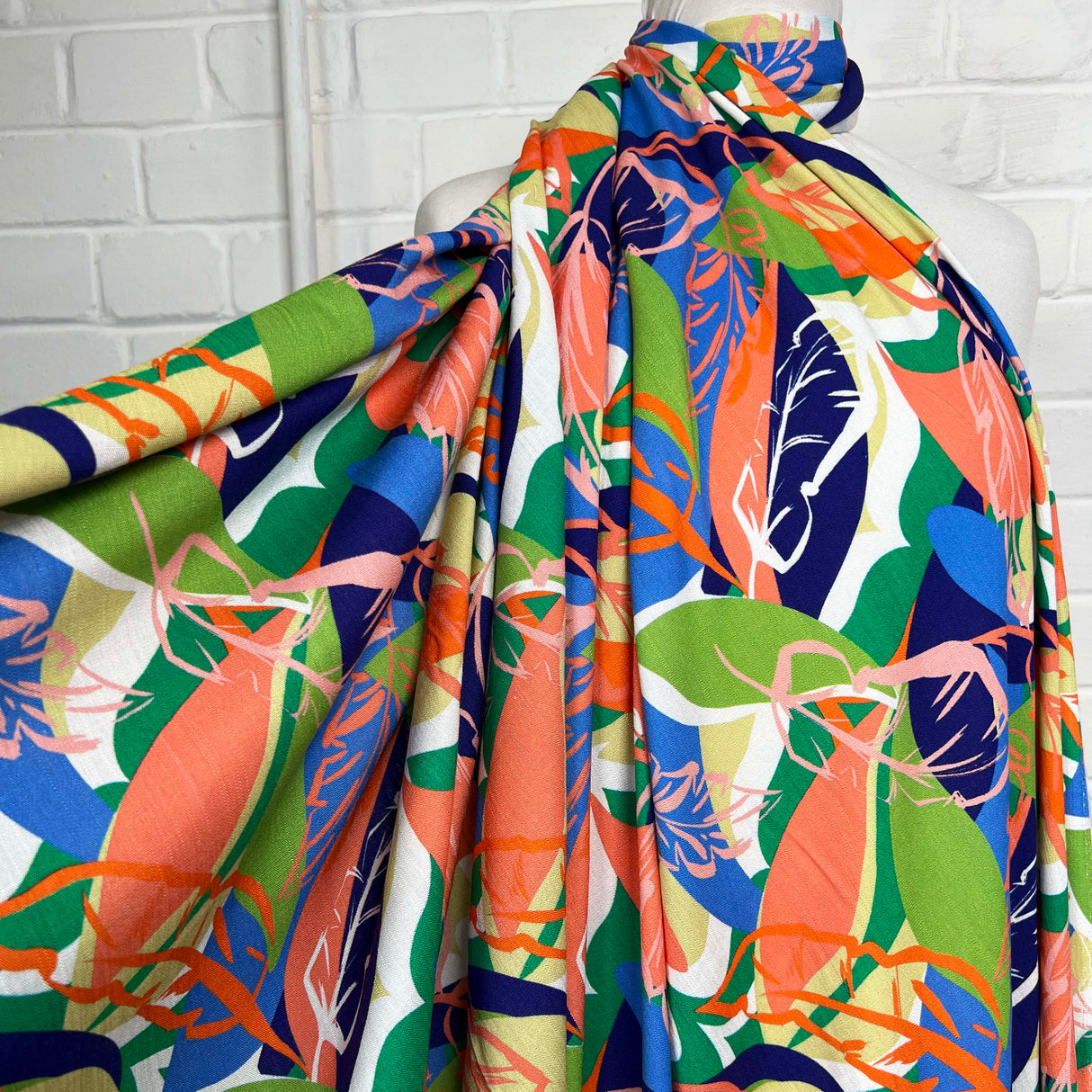 Multi Coloured Leaf Print Rayon Spandex Fabric Linen Tropics Eden Mannequin