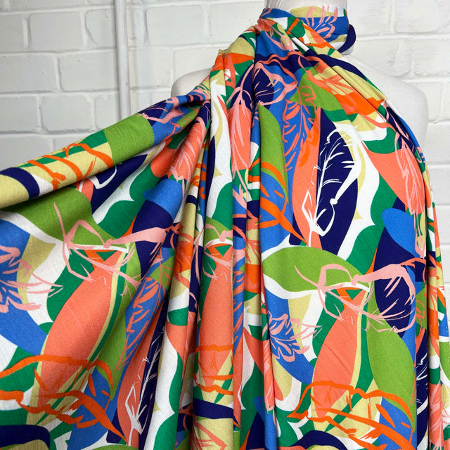 Multi Coloured Leaf Print Rayon Spandex Fabric Linen Tropics Eden Mannequin