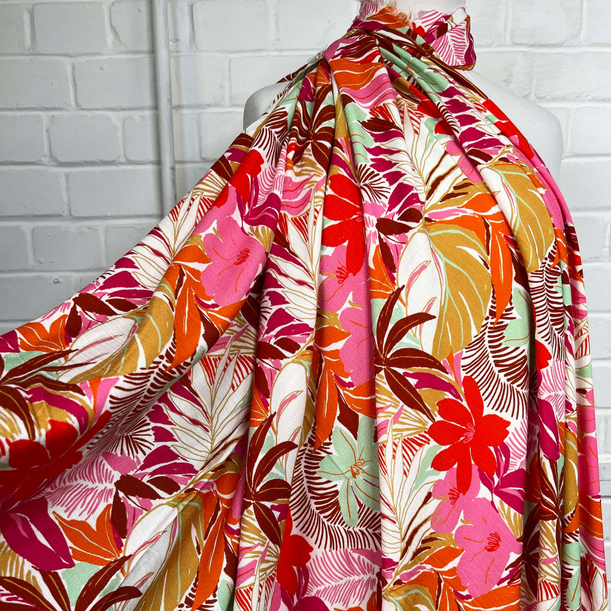 Pink Floral Print Rayon Spandex Fabric  Linen Tropics Sunset Garden Mannequin