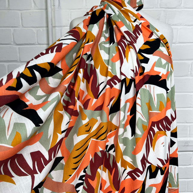 Abstract Digital Print Rayon Spandex Fabric Linen Tropics Wild Folk mannequin