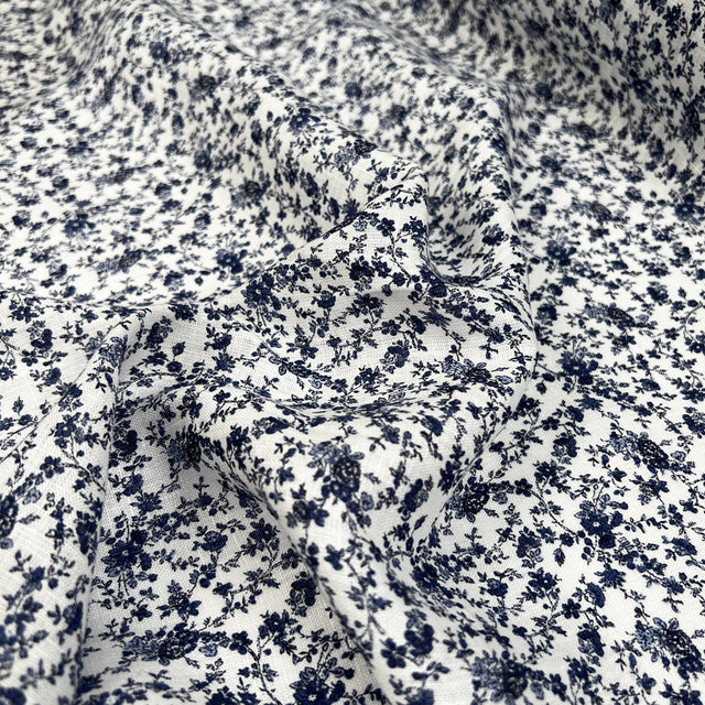 Little Bloom Linen Small Floral Print Blue White Ex Designer Dress Fabric CU