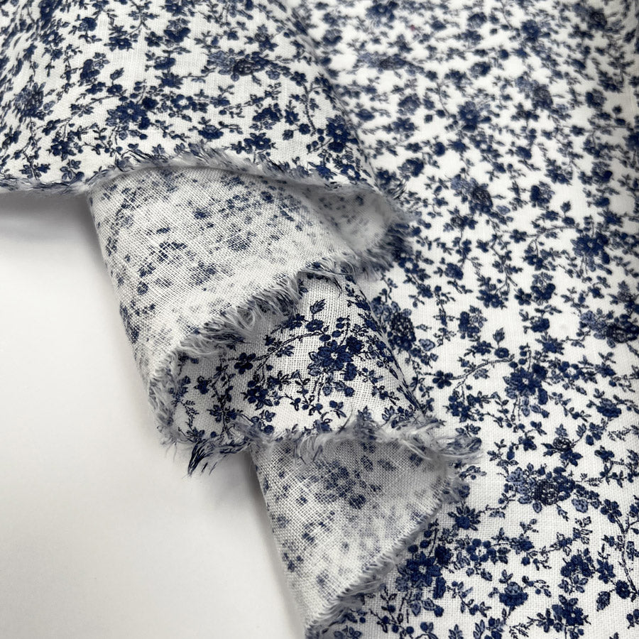 Little Bloom Linen Small Floral Print Blue White Ex Designer Dress Fabric Fold