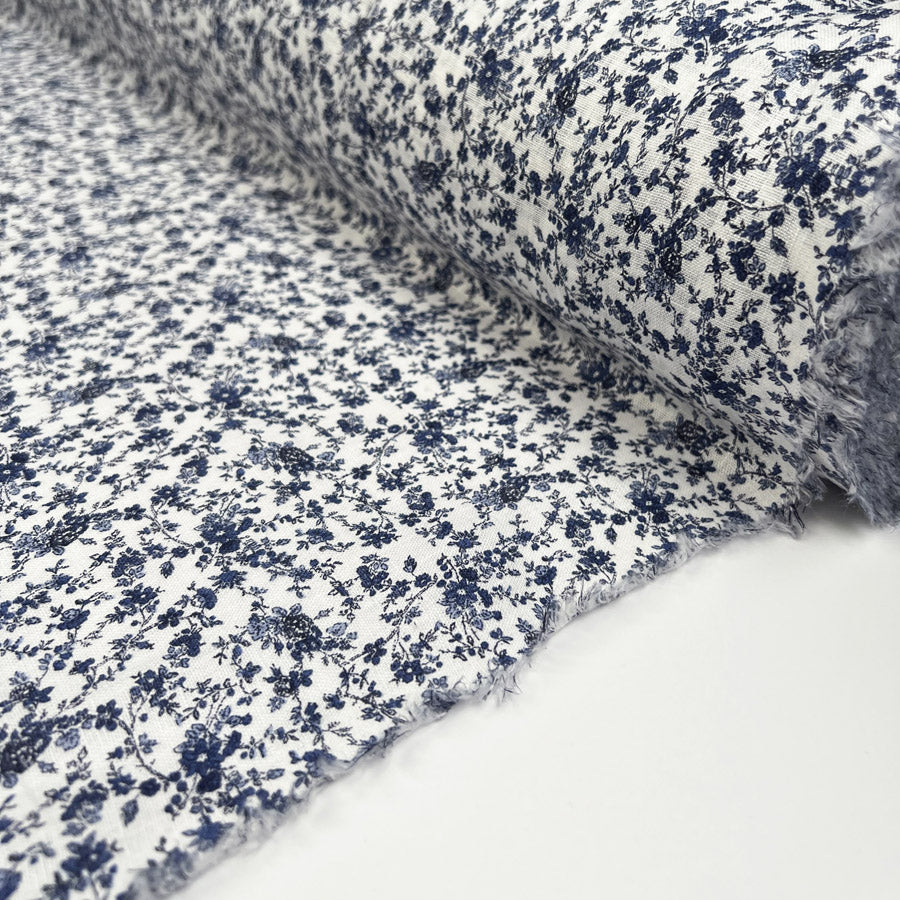 Little Bloom Linen Small Floral Print Blue White Ex Designer Dress Fabric Roll