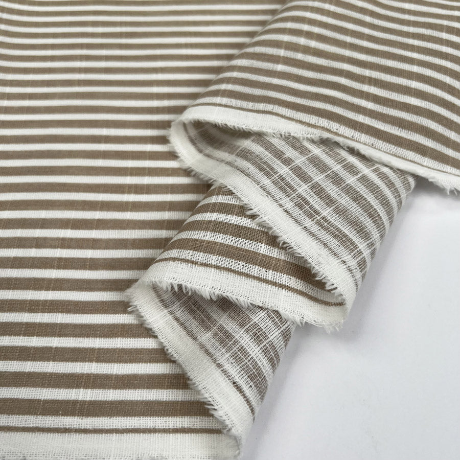 Loose Weave Cotton Frappe Stripe Brown White Woven Dress Fabric Fold
