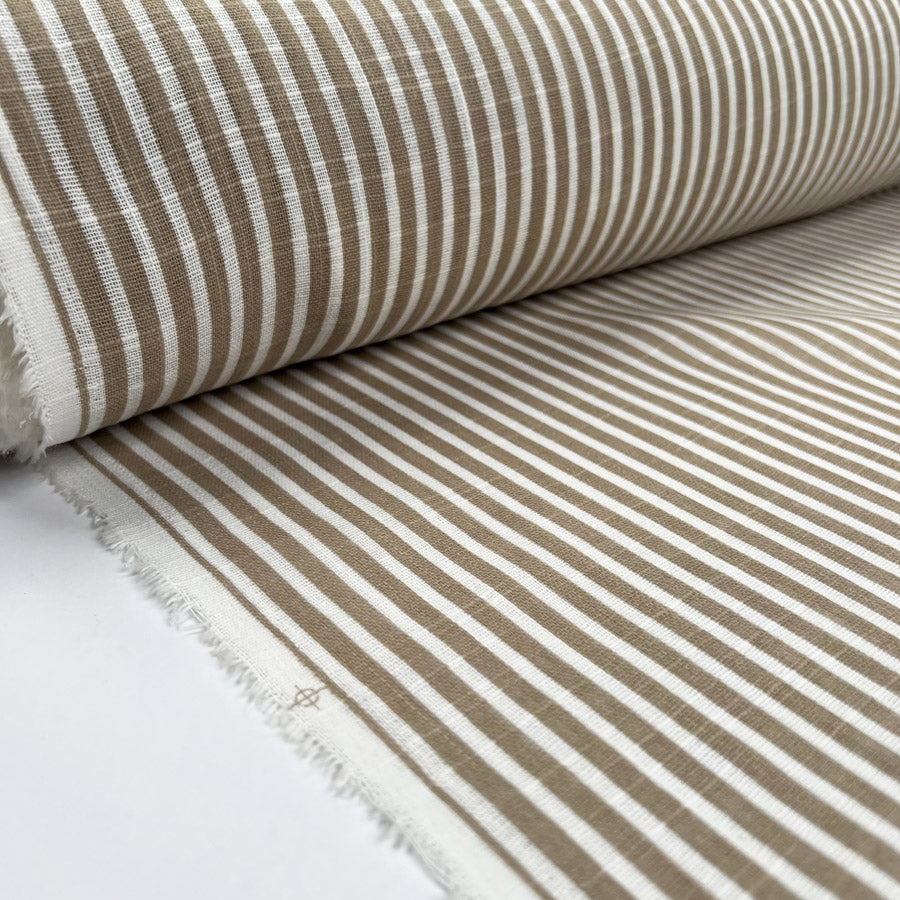 Loose Weave Cotton Frappe Stripe Brown White Woven Dress Fabric Roll