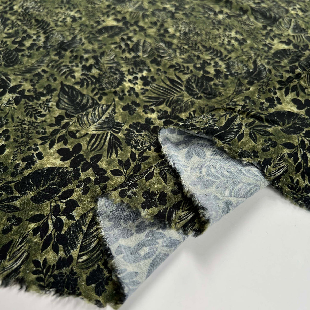  Lyocell Linnea Soft Printed Khaki Black Floral Dressmaking Fabric Fold