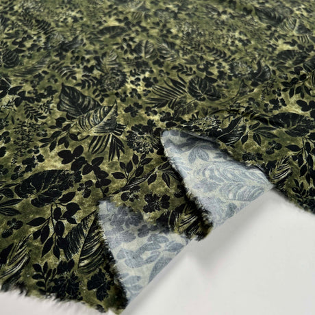  Lyocell Linnea Soft Printed Khaki Black Floral Dressmaking Fabric Fold