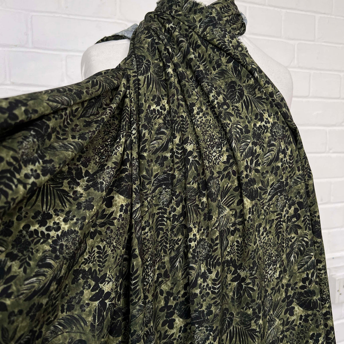  Lyocell Linnea Soft Printed Khaki Black Floral Dressmaking Fabric Mannequin