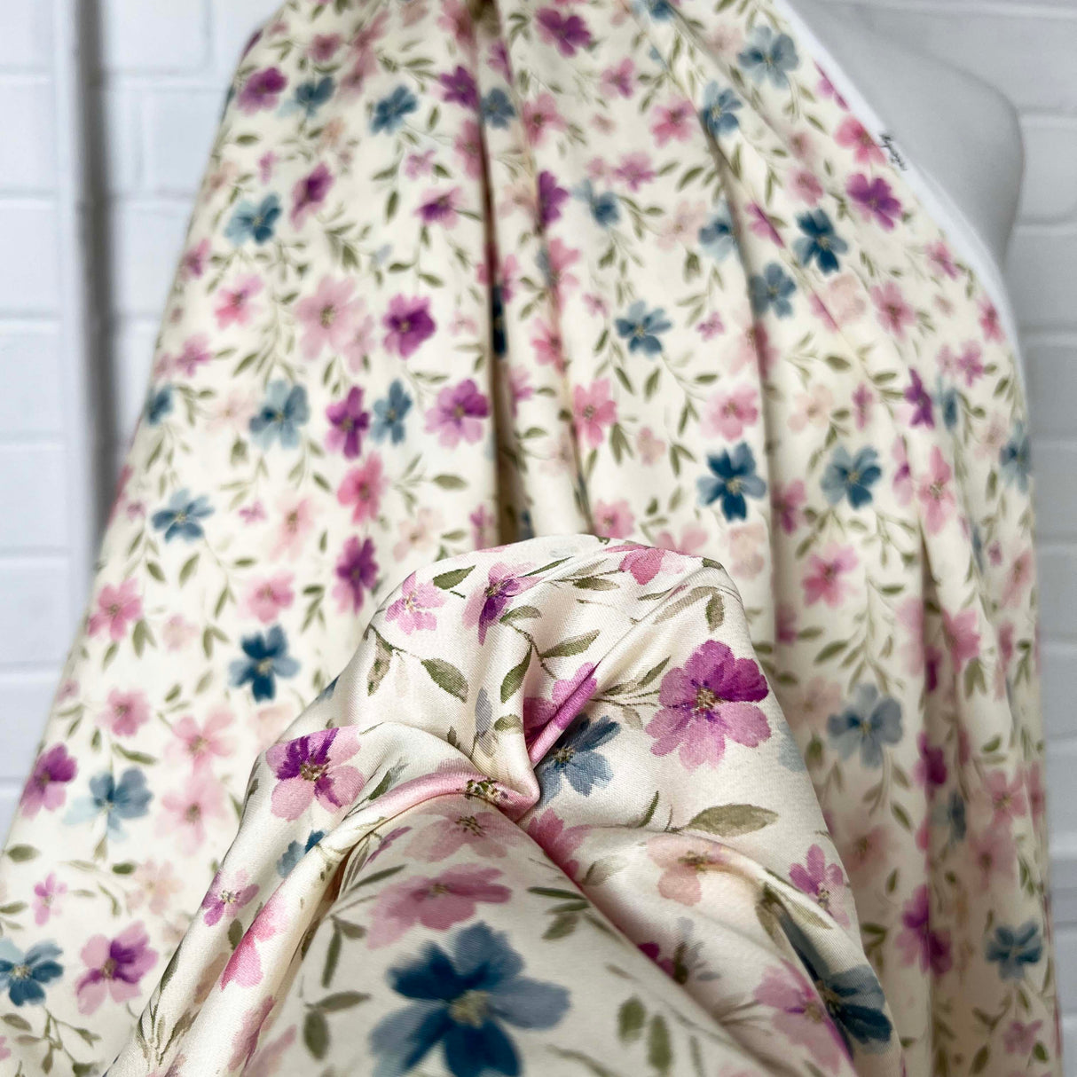 Lyocell Pastel Wildflower Cream Pink Floral Dress Fabric Close Up