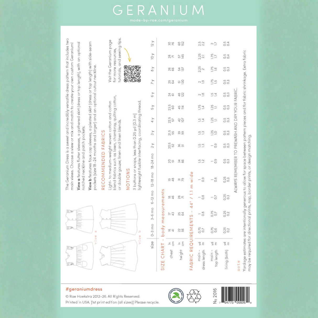 Made By Rae Geranium Girls Dress Pattern 0-12yrs 12