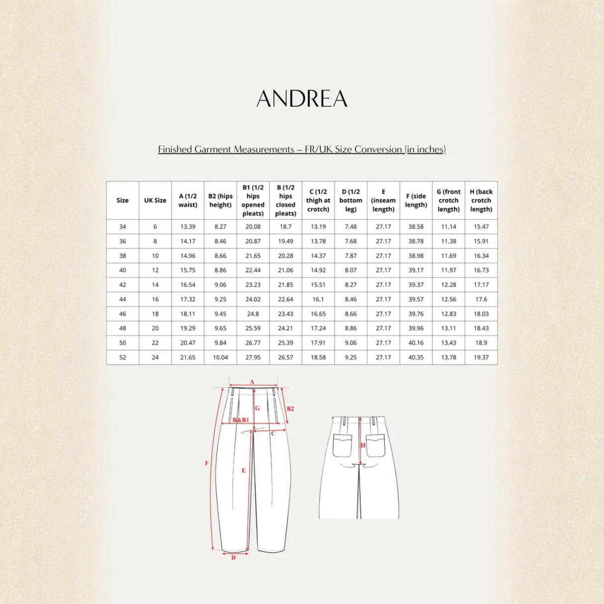 Maison Fauve Andrea Trousers Sewing Pattern Size Chart